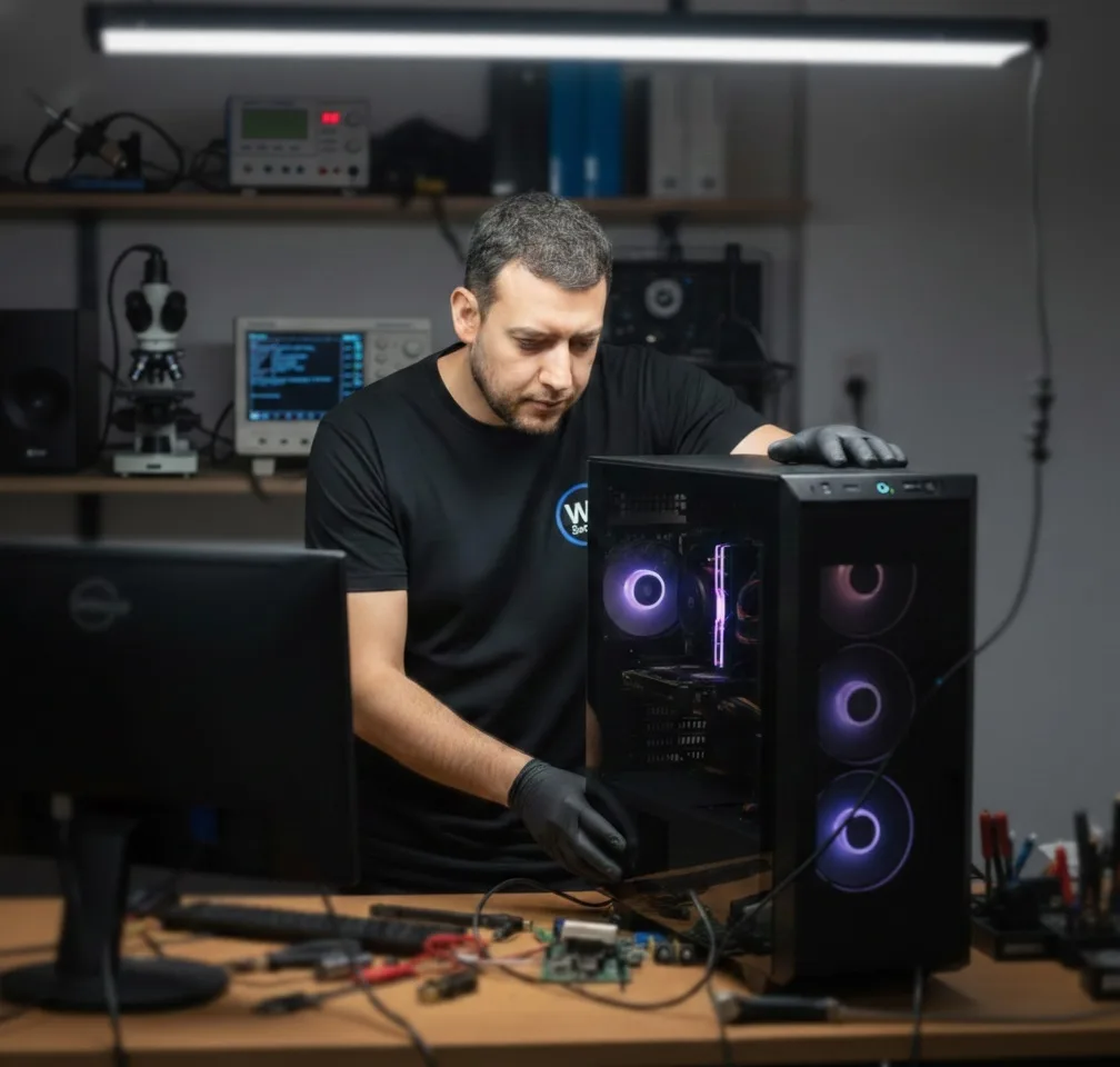 Técnico de WB Service trabajando en una PC
